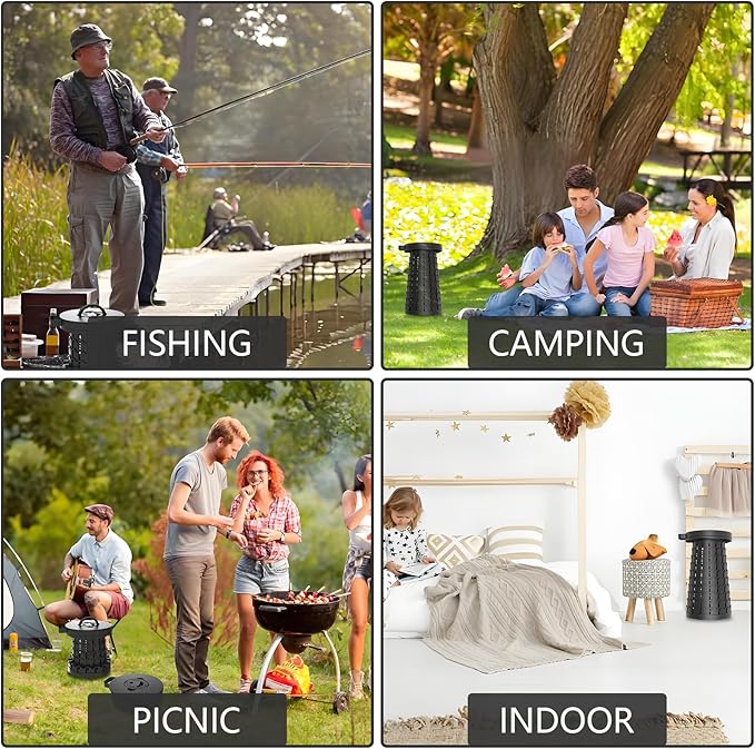 Upgraded Collapsible Stool with Max Load Capacity 330lbs Portable Telescoping & Folding Design Retractable Seat for Camping, Gardening, Fishing & Outdoor Adventures (Black)