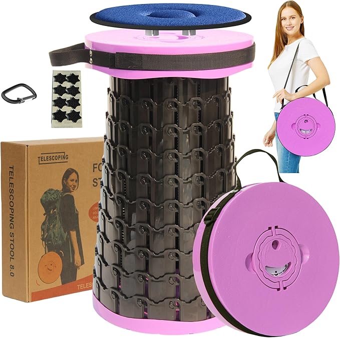 ALEVMOOM 2025 Upgraded XXL 19.7" Collapsible Stool with Cushion, 1000lbs Max Weight Heavy Duty Portable Telescoping Stool, Retractable Seat Folding Chair for Camping Fishing Hiking(Purple-XXL)