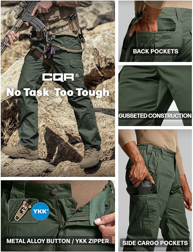 CQR Men's Tactical Pants, Water Resistant Ripstop Cargo Pants, Lightweight EDC Work Hiking Pants, Outdoor Apparel