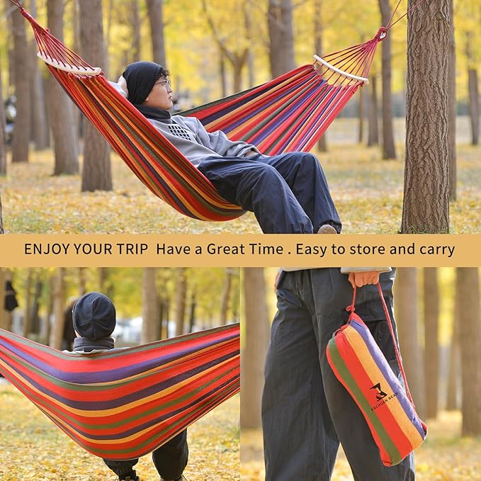Hammock, Cotton Canvas Hammock Portable Camping Hammock with Carrying Bag Two Anti Roll Balance Beam Metal Carabiner Ropes and Tree StrapsSuit for Indoor,Yard,Camping,Outdoor-Rainbow