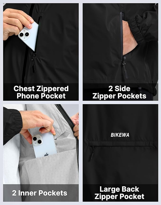 Men's Cycling Rain Jackets Waterproof Running Bike Windbreaker Lightweight Packable Hooded Jacket