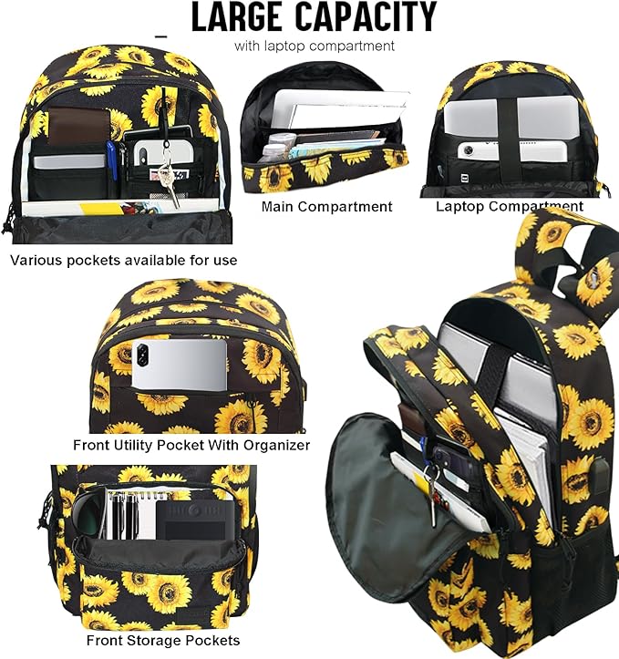 KEOFID Classic Travel backpack for Men and Women, Anti Theft Laptop Backpack with USB Charging Port for Work, Large Bag for College, Water Resistent(Sunflower)