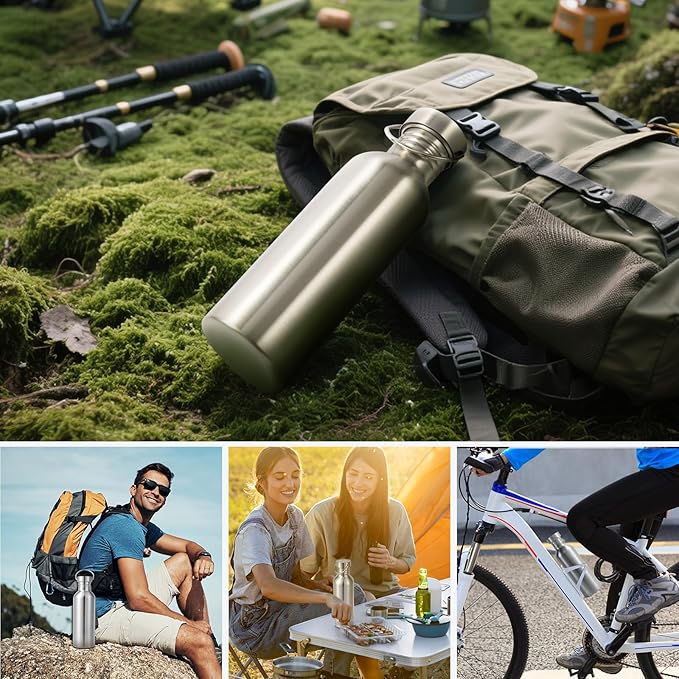 Volhoply 26oz Stainless Steel Water Bottle with Handle 4 Pack,Non Insulated Single Wall, Dishwasher Safe No Plastic 18/8 304 Metal Water Bottles with Wide Mouth for Camping, Hikers, Cyclists