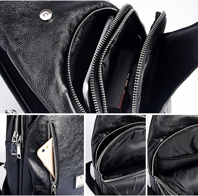 Small Sling Bag Crossbody Backpack Over the Shoulder Bag for Men Women Travel Outdoors, Lightweight Sling Chest Pack (Large, Pu leather)