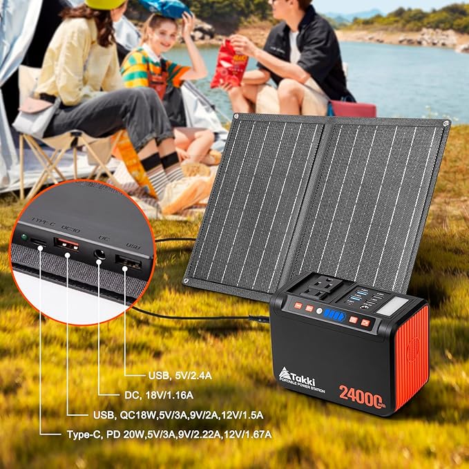 Takki 120W Peak Solar Generator Portable Power Station with 21W Panels, 88Wh Solar Charger Power Bank AC DC USB Ports for Camping Tent Laptop Outdoor Emergency Home Use