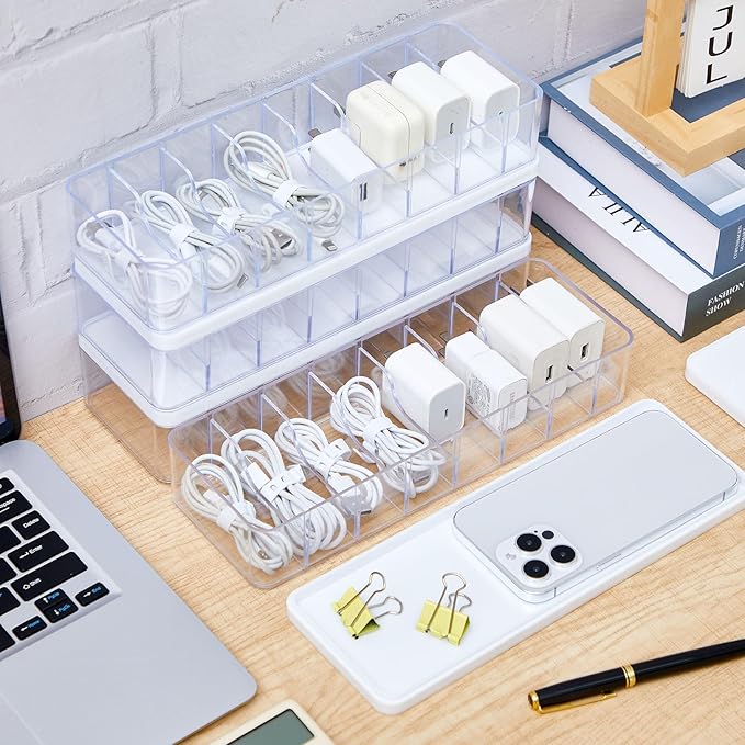 Tatuo 4 Pcs Cable Organizer Box with Wire Ties, Plastic Cord Storage Box with Lid, Electronics Organizer for Home Office Desk Organizers and Accessories (Clear,White)