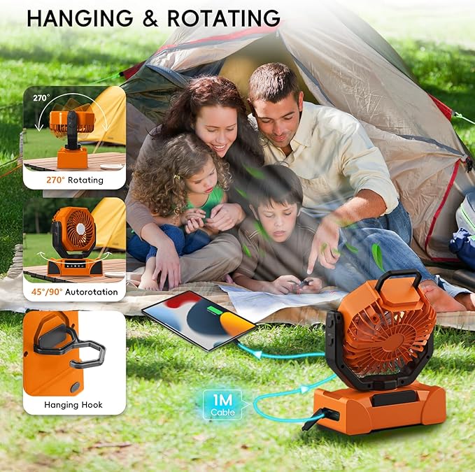 20000mAh Portable Camping Fan, Rechargeable Battery Powered Fan with Remote Control & Oscillating, LED Display, Light, Timer, Rotation, Hanging Hook for Outdoor Camp, Beach, Travel Tent