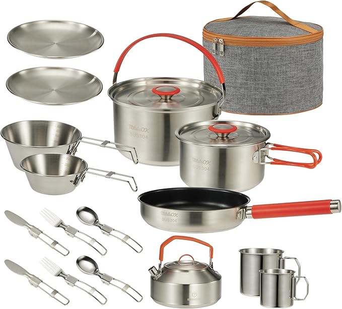 Camping Cookware Set 304 Stainless Steel 16-Piece Pots & Pans,Kettle, Storage Bag,Plates, Bowls, Knives, Forks, Spoons,Compact for Outdoors & Indoors Kitchen Campfire Hiking