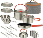 Camping Cookware Set 304 Stainless Steel 16-Piece Pots & Pans,Kettle, Storage Bag,Plates, Bowls, Knives, Forks, Spoons,Compact for Outdoors & Indoors Kitchen Campfire Hiking