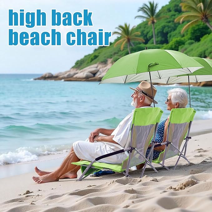 Folding Beach Chair with Umbrella for Adults, 2 Pack Portable Low Beach Chairs with 300lbs Capacity, Lightweight Fodable Camping Chair for Travel, Picnic, Concert & Outdoor Activities,Green-Yellow