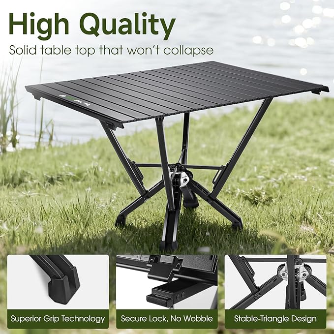 Camping Table Folding, Small Camping Table with Load 380lbs, Portable Roll up Aluminum Foldable Table with Carry Bag for Outdoor, Picnic, Camping, Black