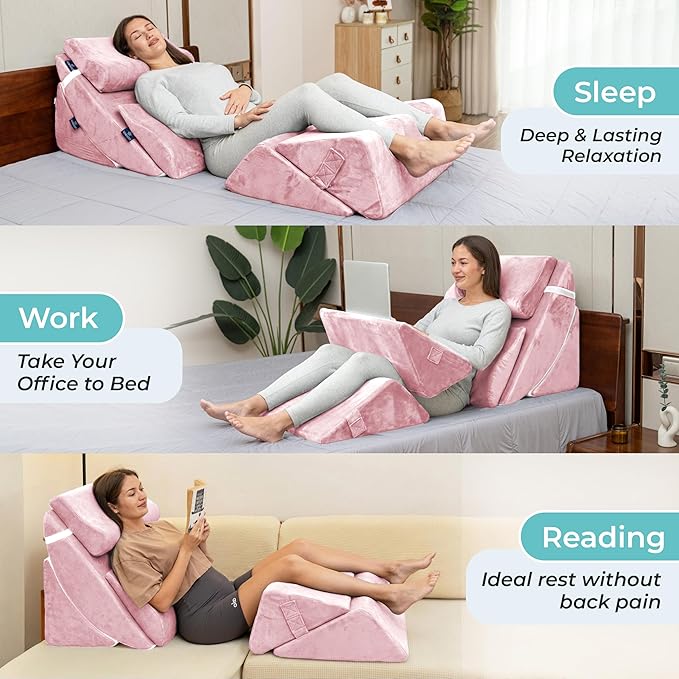 6pc Adjustable Orthopedic Wedge Pillow Set – Relieve Acid Reflux, Snoring, Back Pain & Post-Surgery Discomfort (Pink)