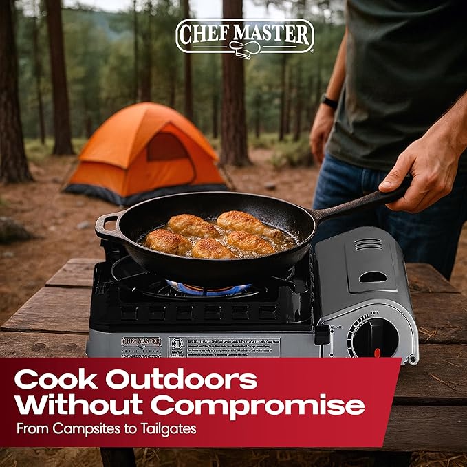 Chef Master 15,000 BTU Butane Portable Camp Stove | Double Wind-Guard Portable Stove Burner w/Piezo Click Ignition for Emergencies, Tailgating, Hiking, Backpacking & Camping Essentials - 90019