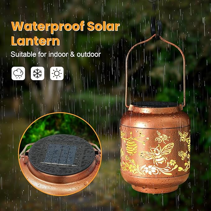 Birthday Gifts for Women Mom Grandma Solar Lantern Outdoor Waterproof, Gardening Gifts for Women, Bee Garden Decor Hanging Solar Lights Yard Decorations Outdoor, Backyard, Patio, Porch