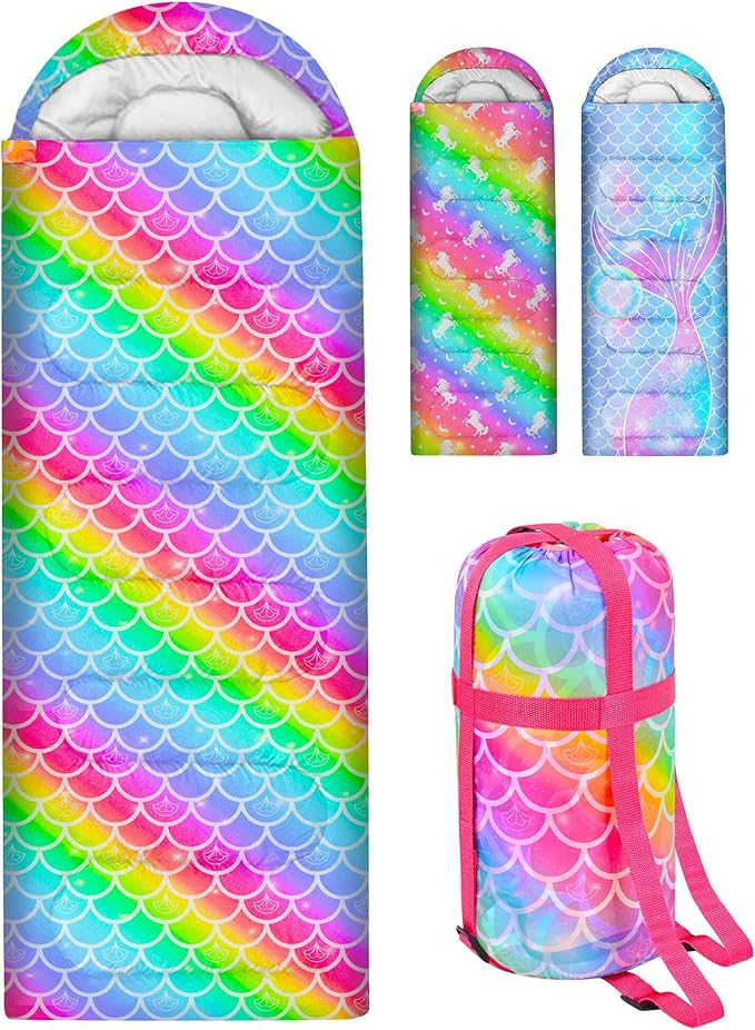 Kids Sleeping Bag for Kids Girls, 3 Season Warm Cool Weather Waterproof Lightweight Camping Sleeping Bag with Carry Bag for Indoor Outdoor Camping Hiking Traveling