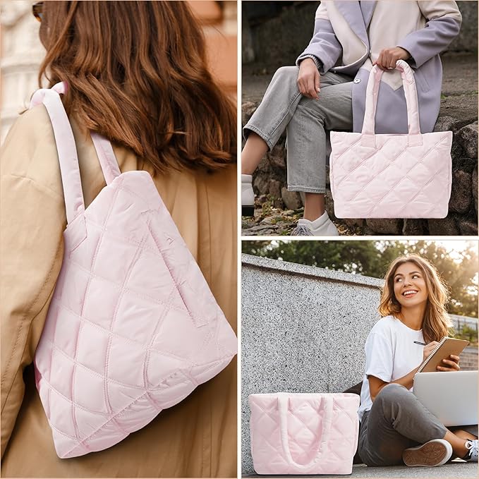 Puffer Tote Bag for Women, Quilted Bag with Zipper, Small Tote HandBags for Work, Travel