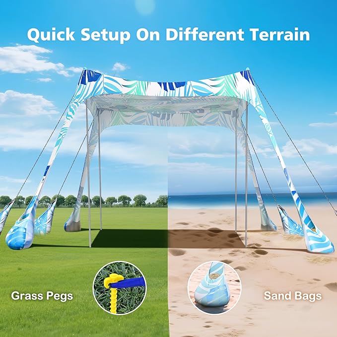 2PM SPORTS Beach Tent Canopy with UPF50+ UV Protection, Outdoor Large Beach Sun Shade Shelter for Family Picnic Camping Travel Shore Fishing, 8 Sandbags, Sand Shovel (Leaf, 8x8 FT)