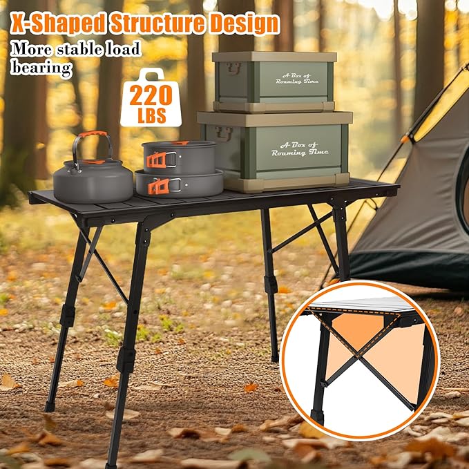 Folding Camping Table, Portable Outdoor IGT Camp Table, Foldable Picnic Table, Outdoor IGT Cook System with Carry Bag, Ultralight Aluminum, Adjustable Height, for Beach, Backyard,BBQ