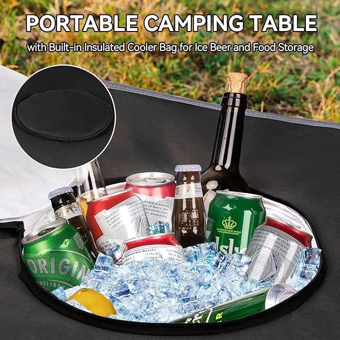 Portable Lightweight Folding Camping Table with Cooler and 4 Large Cup Holders Collapsible Picnic Camp Table Foldable Outdoor Table with Carry Bag for BBQ Tailgating Beach RV Travel Hiking