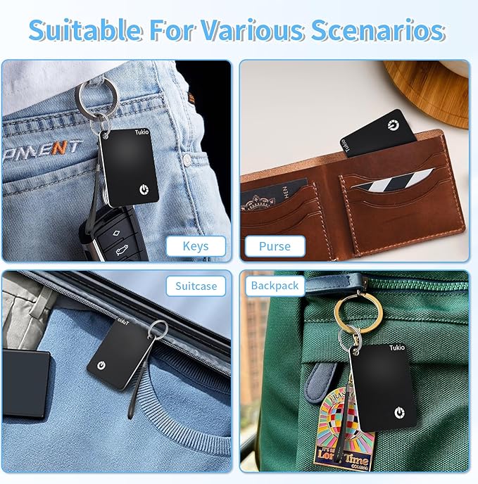 Smart Cards 4 Pack, Smart Tracker Card Compatible with Apple Find My (iOS only), Bluetooth Tracker with Wireless Charging, IP68 Waterproof Finder, Item Finder with Key Ring/Nylon Lanyard.(Black)