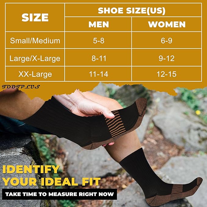 FOOTPLUS Hiking Copper Compression Socks,Unisex Cushioned Sole Arch Support Athletic Crew Running Socks