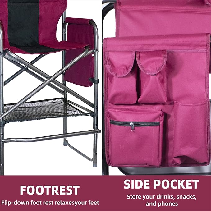 30" Tall Directors Chair with Side Table, 400LBS Bar Height Folding Camping Chair for Makeup Artists, Outdoor Events, Portable Foldable Chair with Cup Holder & footrest - Light Wine Red
