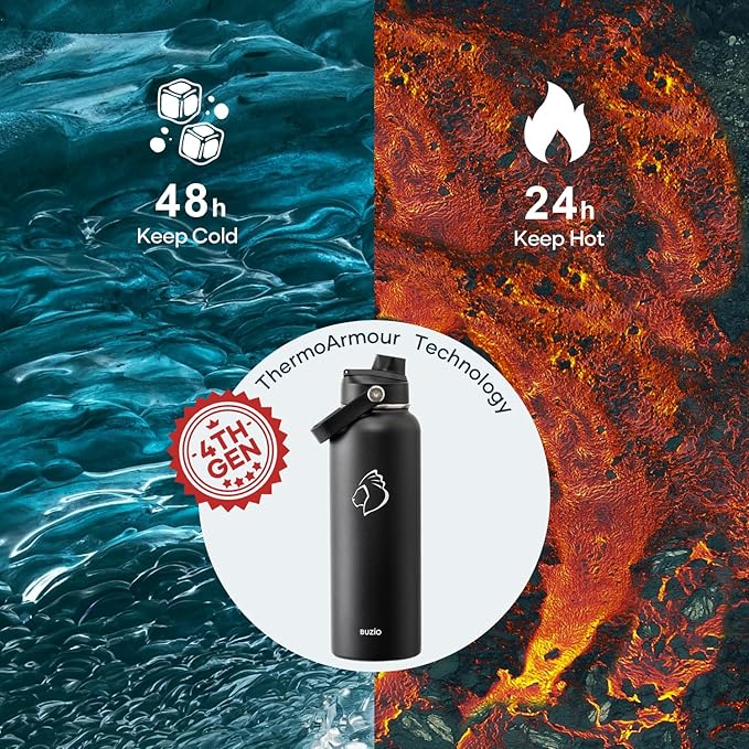 BUZIO 40oz Insulated Water Bottle, Triple Wall Vacuum Stainless Steel Water Flask with 2 lids, Lead-Free BPA-Free Straw Lid Sports Canteen Jug, Cold 48H & Hot 24H- Black