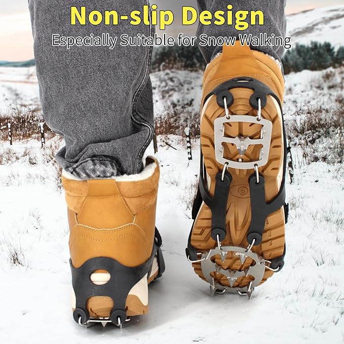Ice Cleats, Upgraded Snow Grips 18 Stainless Steel Spikes Crampons, Strong Traction Anti-Slip, Walking Hiking on Ice & Snow Ground, Mountain Climbing, for Shoes Boots