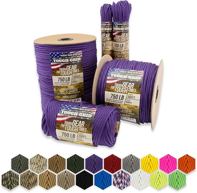 TOUGH-GRID Paracord Rope 750 lbs Nylon Parachute Cord, Made in USA Survival Kit, Outdoor Adventures, Camping, Tactical Gear & Emergency Supplies, Military Type IV Mil-Spec
