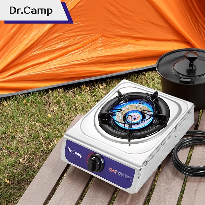 12000 BTU Single Auto Ignition Camping Garden Outdoor Camp Garden Hiking Fishing Propane Stove Cooker Griddle, Include CSA listed regulator and gas hose