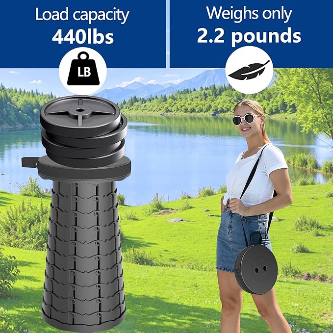 2025 Upgraded 45cm Collapsible Stool with Cushion, Maximum Loading 440 Pounds, Portable and Lightweight Adjustable Seat, Camping Retractable Stool for Outdoor Camping, Fishing, Hiking, BBQ