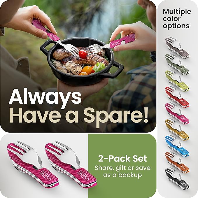 Orblue 4-in-1 Camping Eating Utensils, 2-Pack - Portable Spoon, Fork, Knife & Bottle Opener Combo Set - Stainless Steel Flatware with Detachable Fork - Travel, Backpacking Cutlery Multitool, Hot Pink