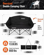 KingCamp Double Camping Chair, Oversized Heavy Duty Loveseat for Adults Portable Folding XL 2 Person Couch Padded Comfortable Two Seat with Cup Holder for Outdoor Lawn Backyard