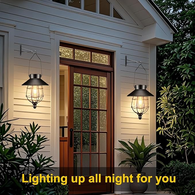 Solar Lanterns Outdoor Hanging Metal Vintage Lantern Warm White Solar Lights lamp Waterproof Edison Bulb Design for Pathway Garden Patio Yard Tree Decoration (2 Pack Black)