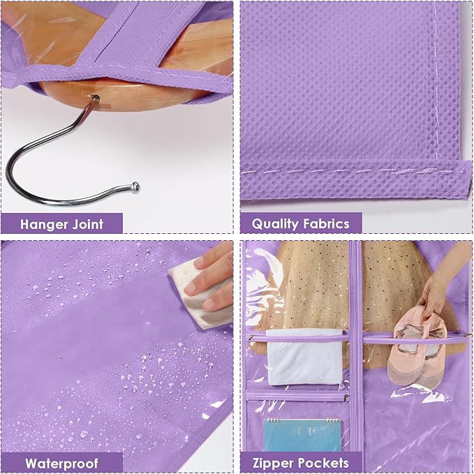 Univivi Dance Costume Bags Garment Bag 40 Inch Hanging Clothes for Dance Competitions, with 3 Medium Clear Zipper Pockets for Dance Costumes, Closet Storage (Purple)