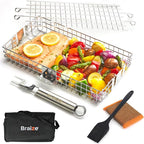 Adjustable Grill Basket with Removable Handle – 4 Height Levels for Vegetables, Meat, Fish & More – BBQ Grilling Basket with Locking Lid, Basting Brush, Scrub Sponge & Storage Bag for Outdoor Cooking