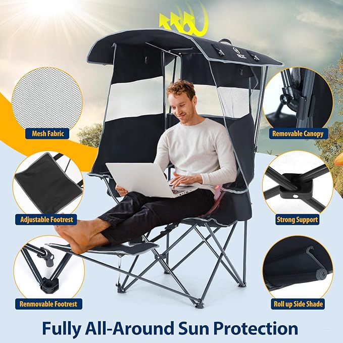Nice C Chair with Canopy, Heated Camping Chair with Battery, Outdoor Sports Chairs with Shade, Heated Folding Umbrella Chairs, with Removable Footrest (1-Pack)