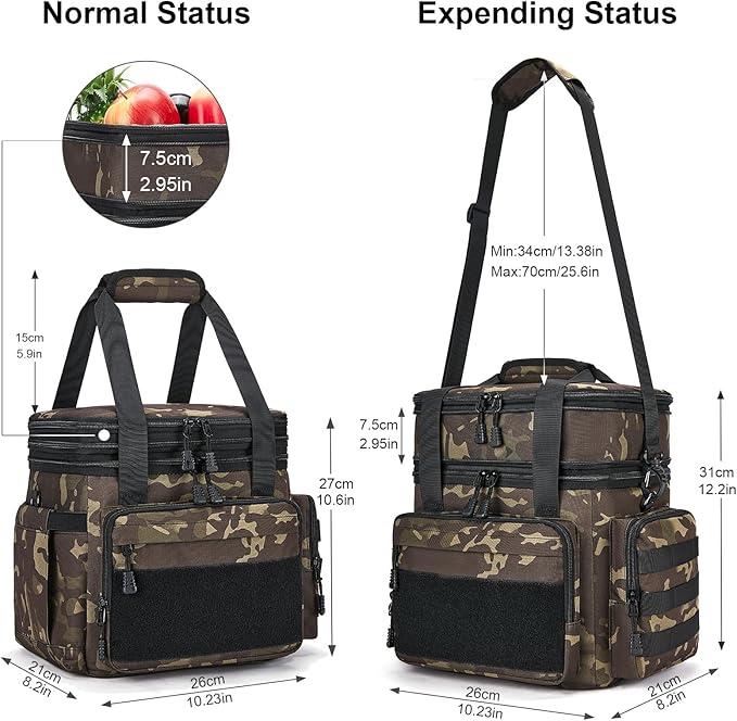 Tactical Lunch Box for Men, Insulated Bag Adult, Thermal Lunchbox Leakproof Waterproof Cooler Bag, Dual Compartment Tote, Large Pail Work Office Camping Travel(Black Camo)