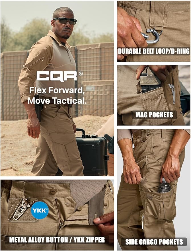 CQR Men's Flex Ripstop Tactical Pants, Water Resistant Stretch Cargo Pants, Lightweight EDC Hiking Work Pants