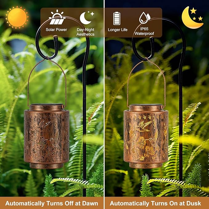 Outdoor Solar Lantern Waterproof Decorative Hummingbird and Trumpet Flower Lights with Metal Construction Warm White Glow Gifts for Mom Grandma Patio Garden Décor