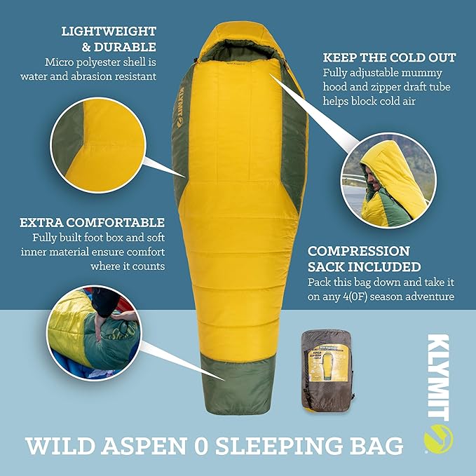 Klymit Sleeping-Bags KLYMIT Wild Aspen Lightweight Mummy Sleeping Bag, Best Gear for Cold Weather Camping, Hiking, Backpacking, Pair with Static V Sleeping Pad (Size Regular to XL)