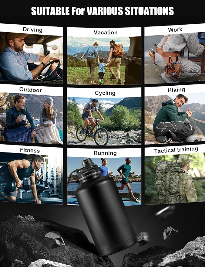 Tactical Half Gallon Water Bottle with Straw, 64 oz Insulated Water Jug with Molle Sleeve, Stainless Steel Sport Bottle with 3 BPA Free Lids for Gym Workout Hiking (Black, 64OZ)