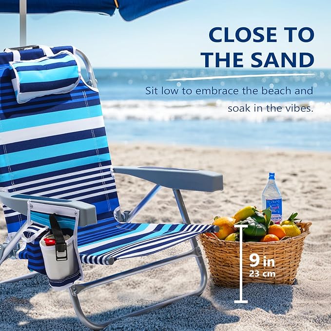 5-Position Aluminum Lay Flat Backpack Beach Chair, Compact Portable Low Beach Chairs for Adults with Cooler Pouch, Storage Pouch, Towel Bar, Cup Holder & Phone Holder, Blue Stripe