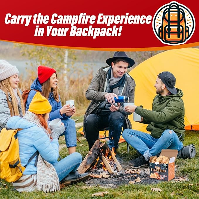 Natural Fire Starters for Grills: Premium Waterproof Quick Firestarters Sticks | Odorless Fire Starter for Campfires | Fireplaces | Wood Stove | BBQ | Smoker | Fire Pit - 72 pcs