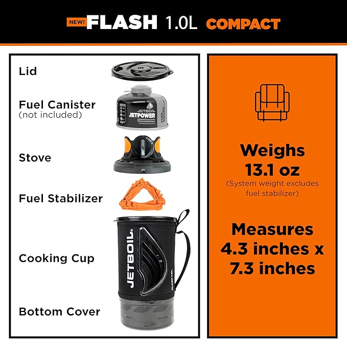 Jetboil Flash 1.0L Portable Fast Boil Stove for Camping and Backpacking with 1-Step Auto Ignition, New for 2025, Propane/Isobutane Burner with Cooking Cup