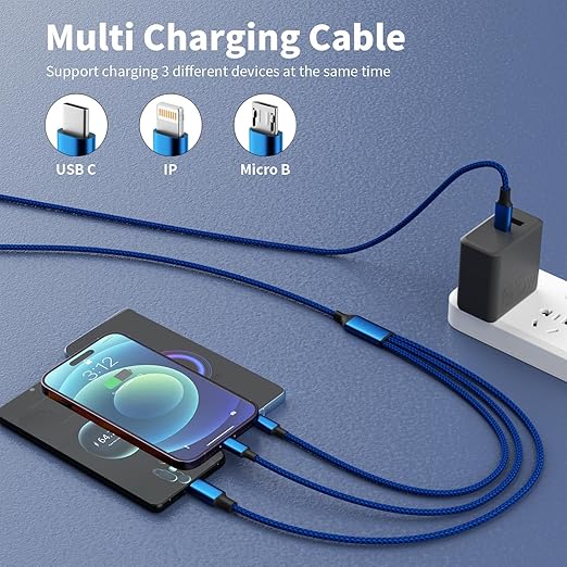 USB C Multi Charging Cable, 2Pack 5FT Multiple Charger Cord, 3 in 1 Universal Charger Cable with Type-C/Micro USB and IP Port, Compatible with Most Cell Phones-Blue