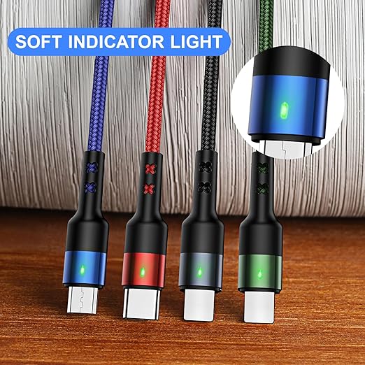 2Pack Multi Charging Cable USAMS Multiple Charger Cord Nylon Braided Short 4FT 4 in 1 USB Charge Cord with Phone/Type C/Micro USB Connector for Phone/Galaxy S20/S10S9/S8/S7 and More