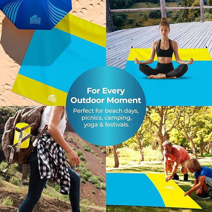 Sandproof Waterproof Beach Blanket Extra Large 108"x 84", Mat for Family, Quick Dry Ripstop Nylon Lightweight, Compact for Travel, Picnic, Camping w/ 4 Anchor Stakes and Carry Bag