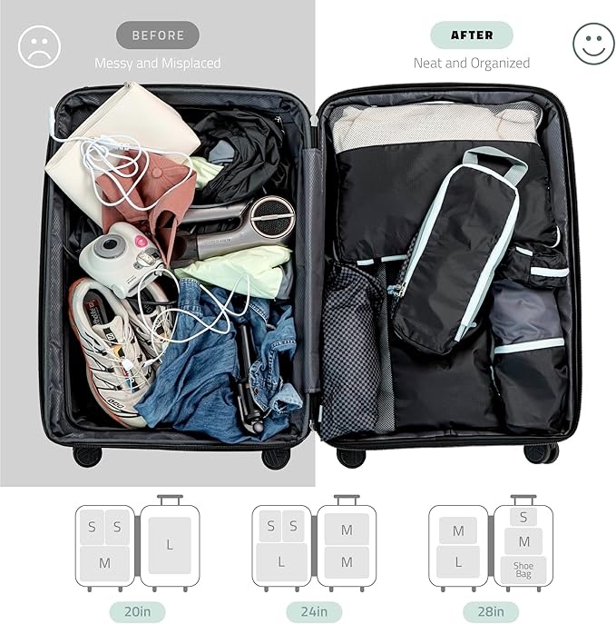 Set of 8 compression packing cubes for travel accessories- Expandable bags for clothing, toiletry, backpacks, organizing essentials (Black & Grey)