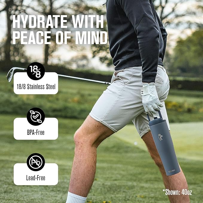 Coolflask Water Bottle 32 oz Fits Car Cup Holder, Slim Tumbler Stainless Steel with Straw & Handle, Vacuum Flask Leakproof Wide Mouth for Travel Sports Gym, Grey